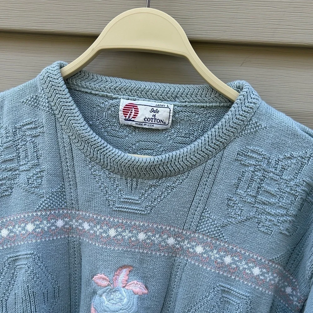 VTG Isle of Cotton grannycore sweater L crochet embroidered coastal grandma 90s
